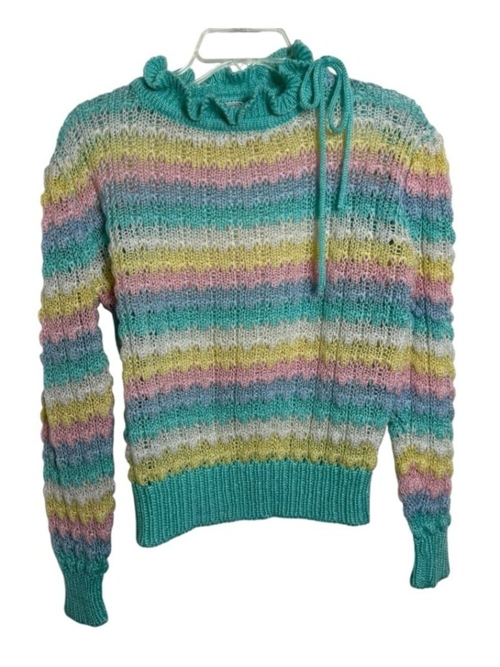 Vintage Pastel Popcorn Knit Sweater Size Small Medium Rainbow Stripe 80s